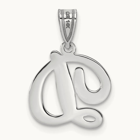 White Gold Script Letter D Initial Pendant, 14K White Gold