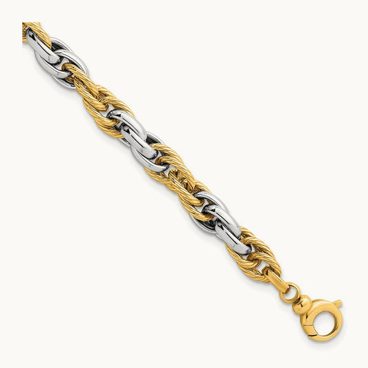 Polished Textured Fancy Rope Link Bracelet, 14K Two-tone