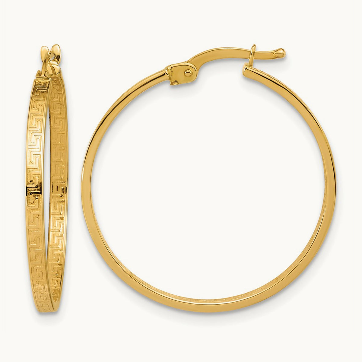Polished Greek Key Round Hoop Earrings — 28mm