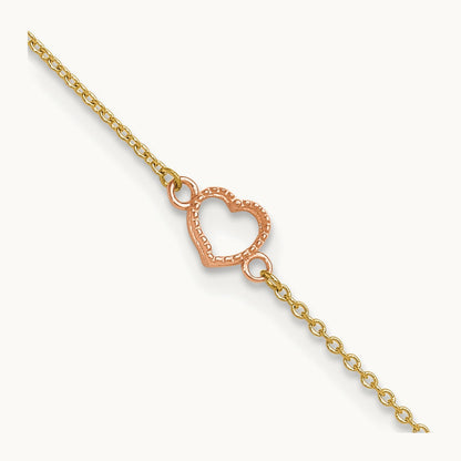 Textured and Polished Heart 9in Plus 1in ext. Anklet, 14K Two-tone