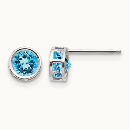 Bezel Blue Topaz Stud Earrings, 5mm, 14K White Gold
