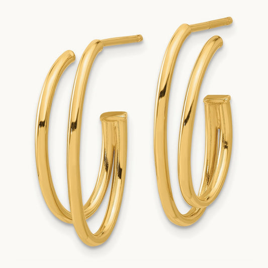 Polished Oval /Double Strand J-Hoop Post Earrings, 14K