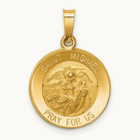 Polished and Satin St Michael Medal Hollow Pendant, 14K