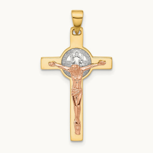 Crucifix and St Benedict Pendant, 14K Two-tone with White Rhodium