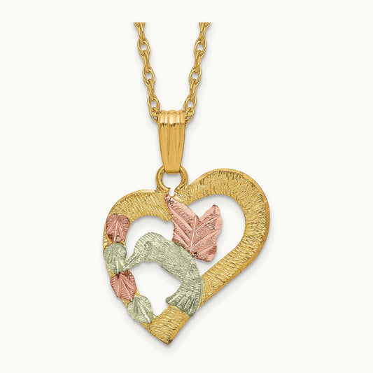 Black Hills Gold Hummingbird in Heart Necklace