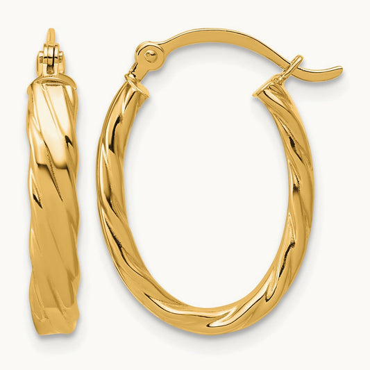 Patterned Oval Hoop Earrings — 14K Yellow Gold