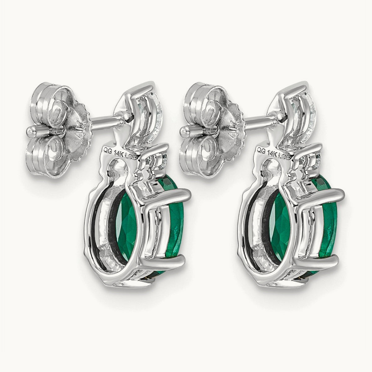 Diamond and Lab Created Emerald Post Earrings — 14K White Gold