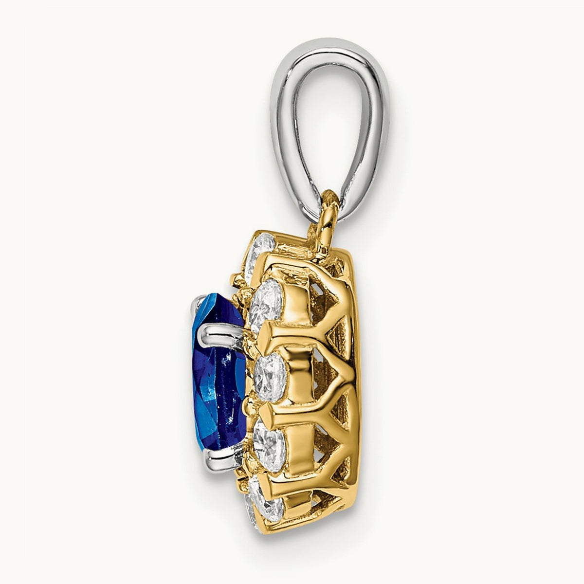 Oval Sapphire and Diamond Halo Pendant — 14K Two-Tone Gold
