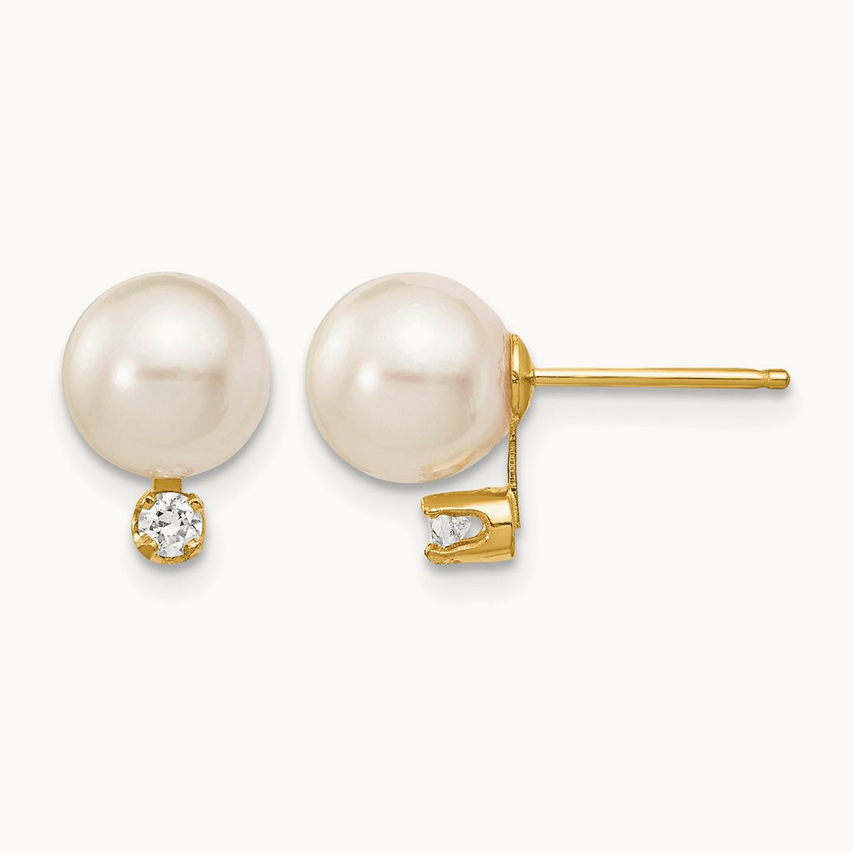 7- White Round Saltwater Akoya Cultured Pearl Diamond Post Earrings, 8mm, 14K