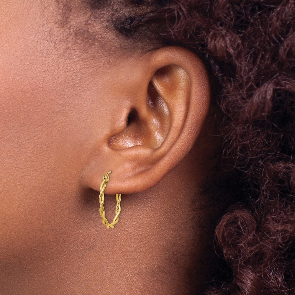 Twisted Dual Band Hoop Earrings — 14K Yellow Gold, 14mm, 2.25mm