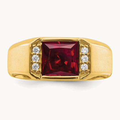 Square Created Ruby and Diamond Mens Ring, 14K