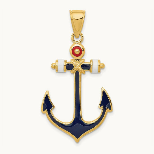 2-D Red, White, and Blue Enameled Anchor Pendant, 14K
