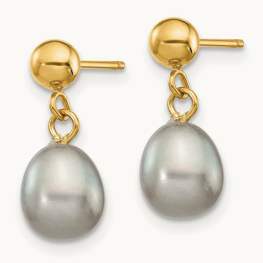 6- Grey Rice Freshwater Cultured Pearl Post Dangle Earrings, 7mm, 14K