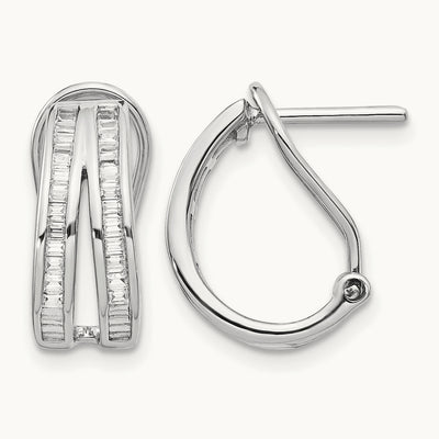 2-row Baguette Diamond Omega Back Hoop Earrings, 14K White Gold