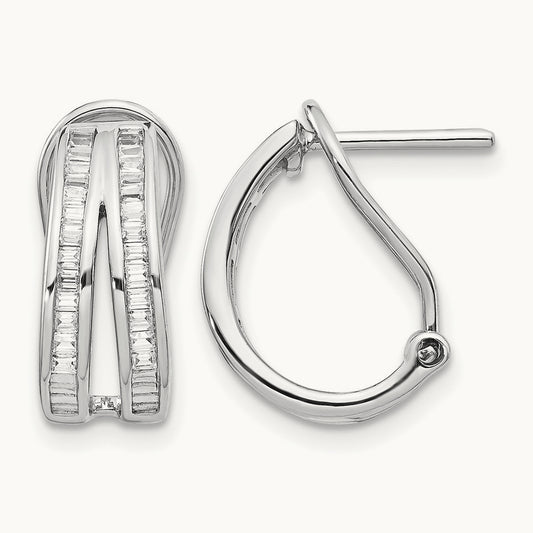 2-row Baguette Diamond Omega Back Hoop Earrings, 14K White Gold