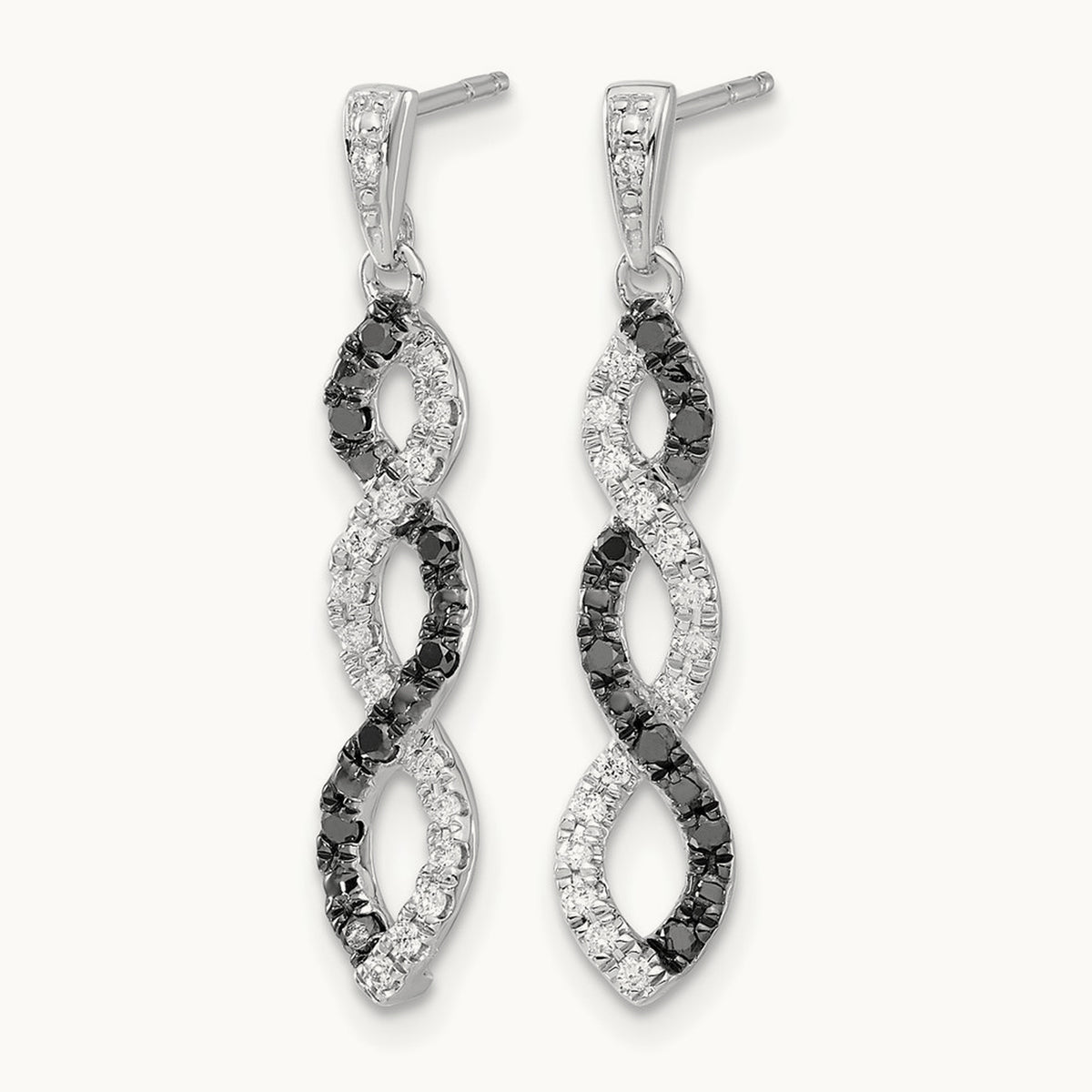 Black and White Diamond Twisted Post Earrings, 14K White Gold