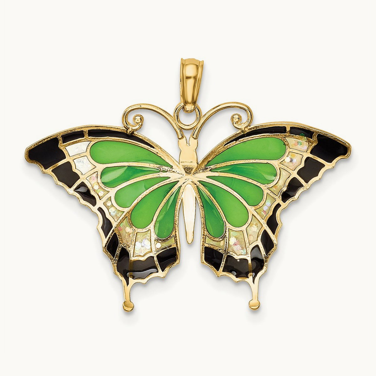 Green Enameled Butterly Pendant, 14K