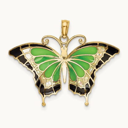Green Enameled Butterly Pendant, 14K