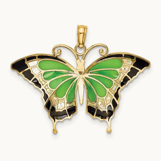 Green Enameled Butterly Pendant, 14K