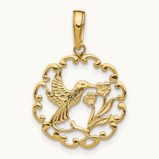 Hummingbird w/Flower in Frame Pendant, 14K