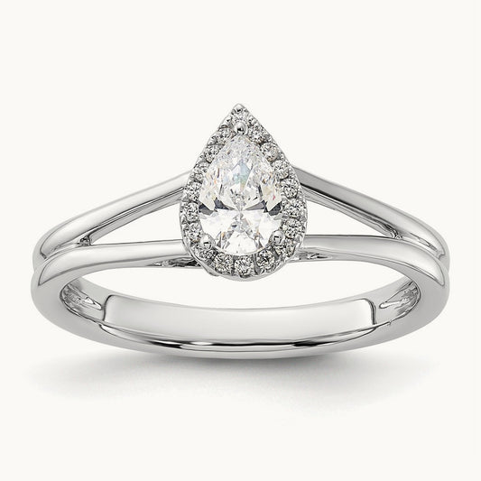 Pear Halo Semi-Mount Split Shank Engagement Ring — 14K White Gold, 1/15 ct, 7