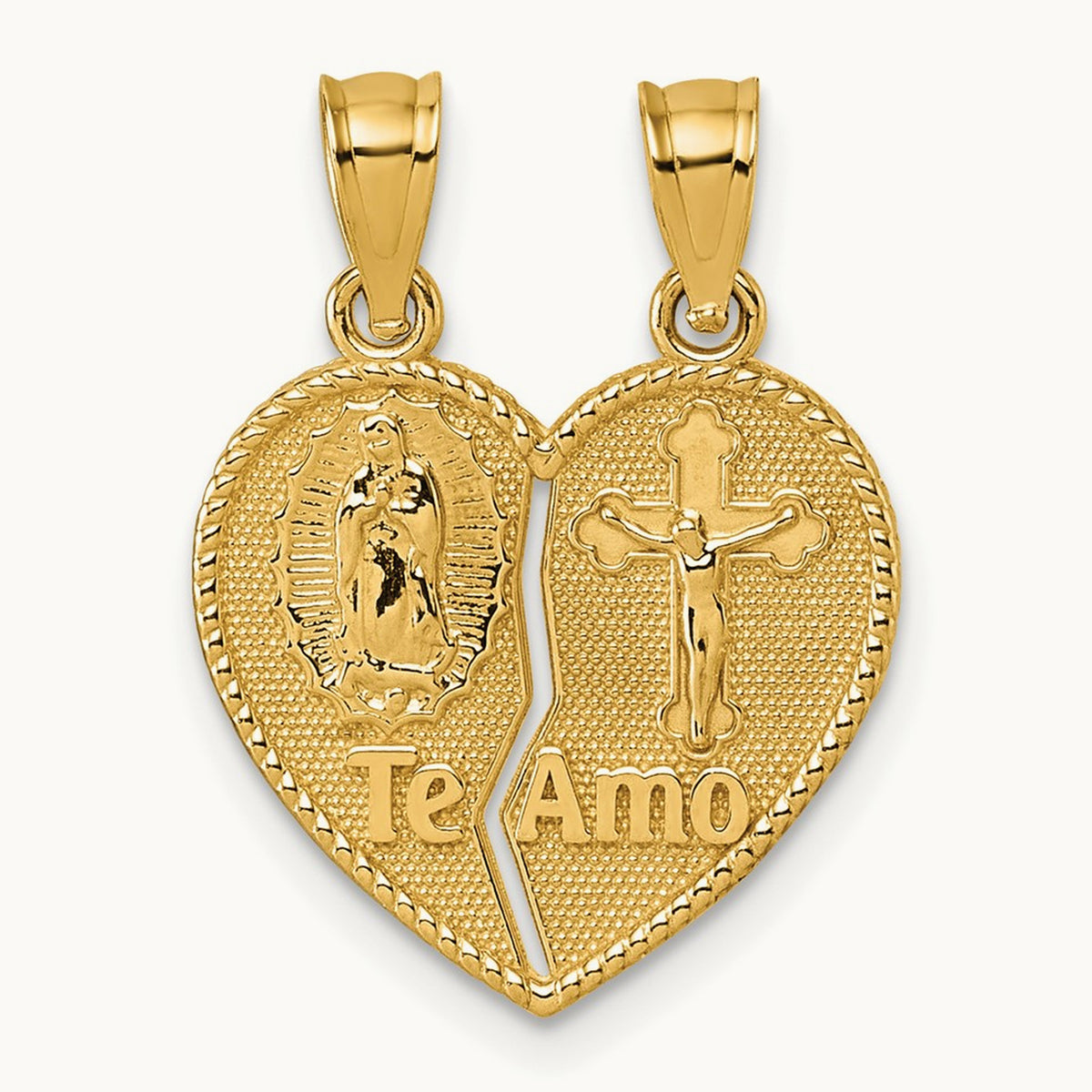 Polished Te Amo Spanish Religious Break-apart Heart Pendant, 14K