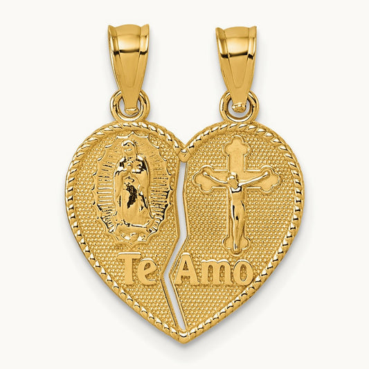Polished Te Amo Spanish Religious Break-apart Heart Pendant, 14K