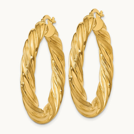 Satin & Polished Twisted Hoop Earrings, 5mm, 14K