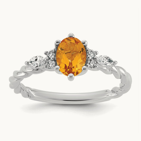 Polished Diamond and Citrine Twisted Ring — 14K White Gold