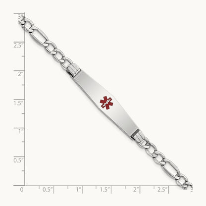 WG Semi-Solid Medical Soft Diamond Shape Red Enamel Figaro ID Bracelet, 14K
