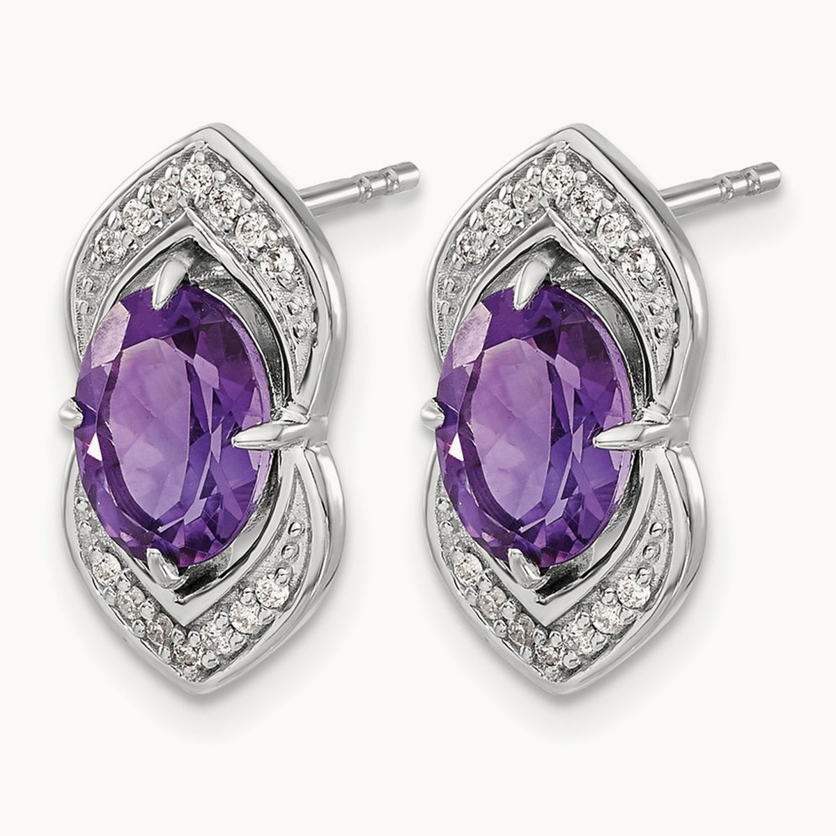 Amethyst and Diamond Post Earrings, 14K White Gold