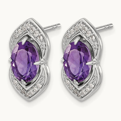 Amethyst and Diamond Post Earrings, 14K White Gold