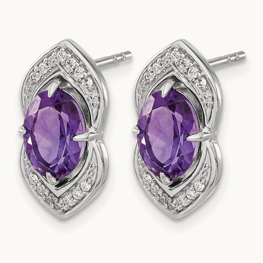 Amethyst and Diamond Post Earrings, 14K White Gold