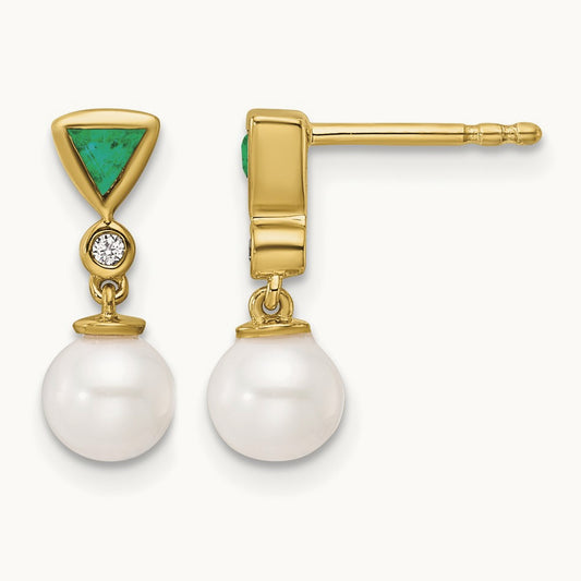Polished Diamond and Emerald Pearl Dangle Post Earrings, 14K