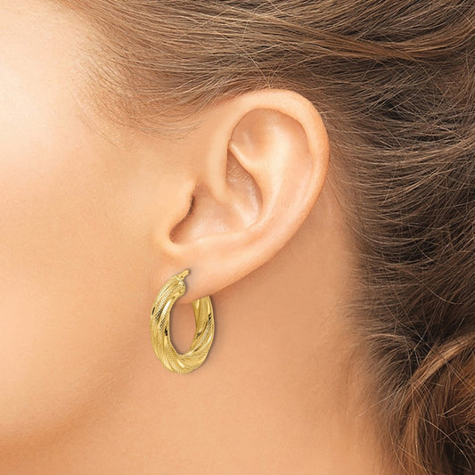 Polished Textured Twist Round Hoop Earrings — 14K Yellow Gold