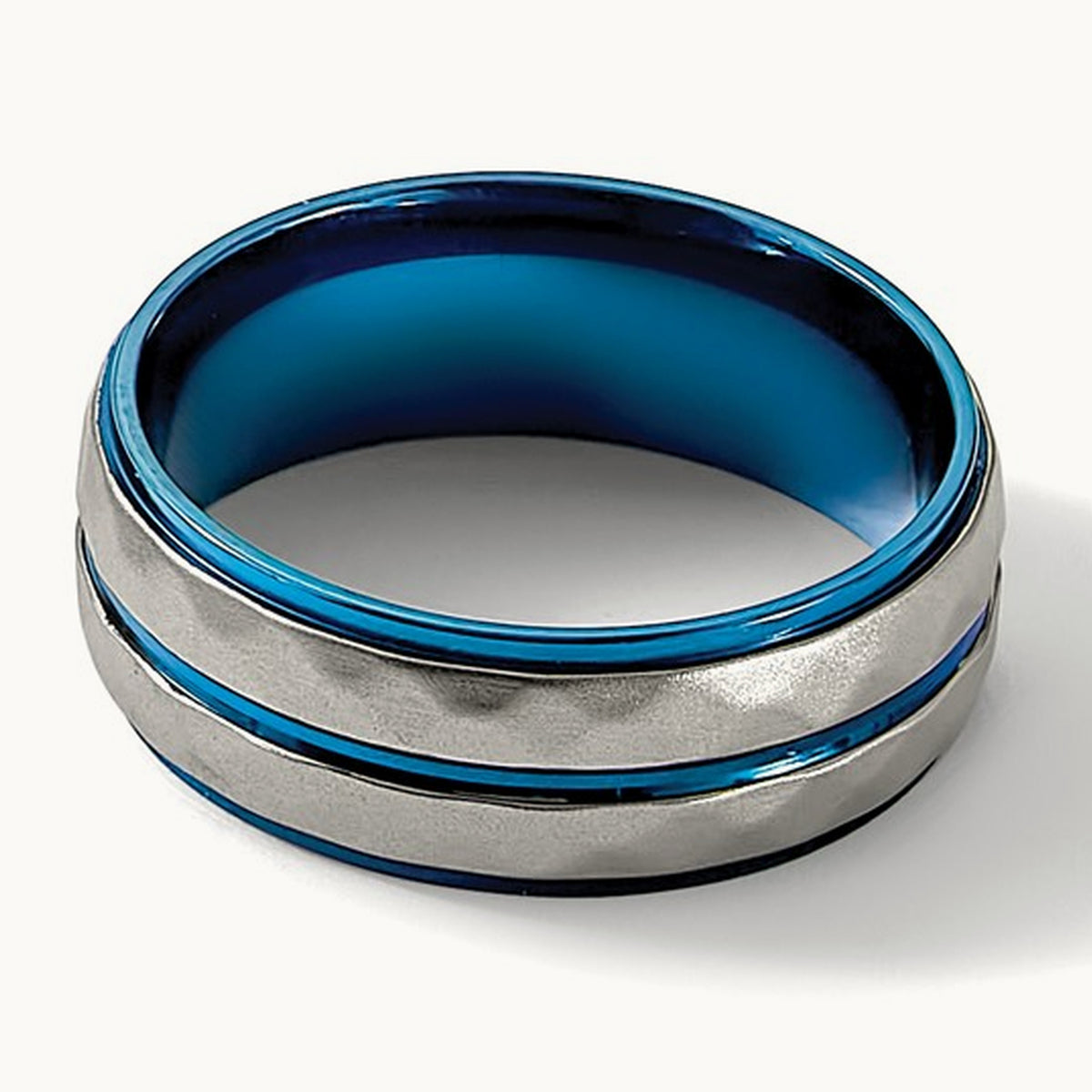 Polished and Sand-blasted Faceted Blue IP-plated Band, Stainless Steel