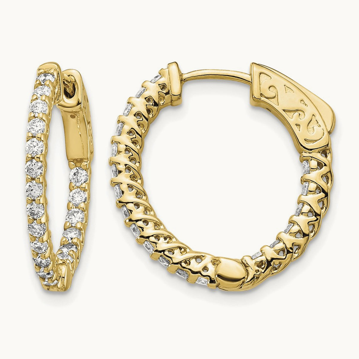 Diamond Round Hoop w/Safety Clasp Earrings, 14K