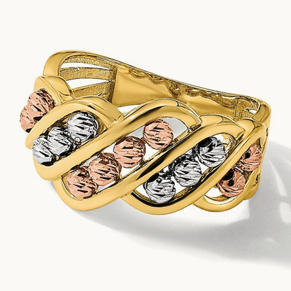 Tri-color Polished and Diamond-cut Beads Fashion Ring, 14K