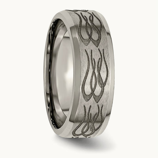 Brushed & Polished Flames Laser Design Beveled Edge Band — photo set