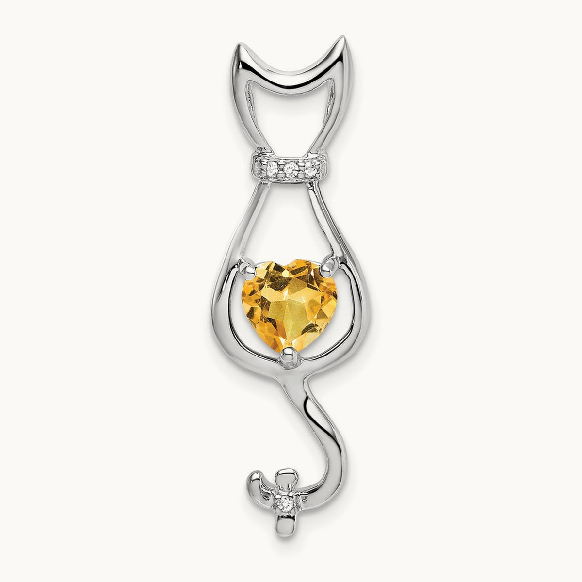 Citrine and Diamond Cat Pendant — 14K White Gold