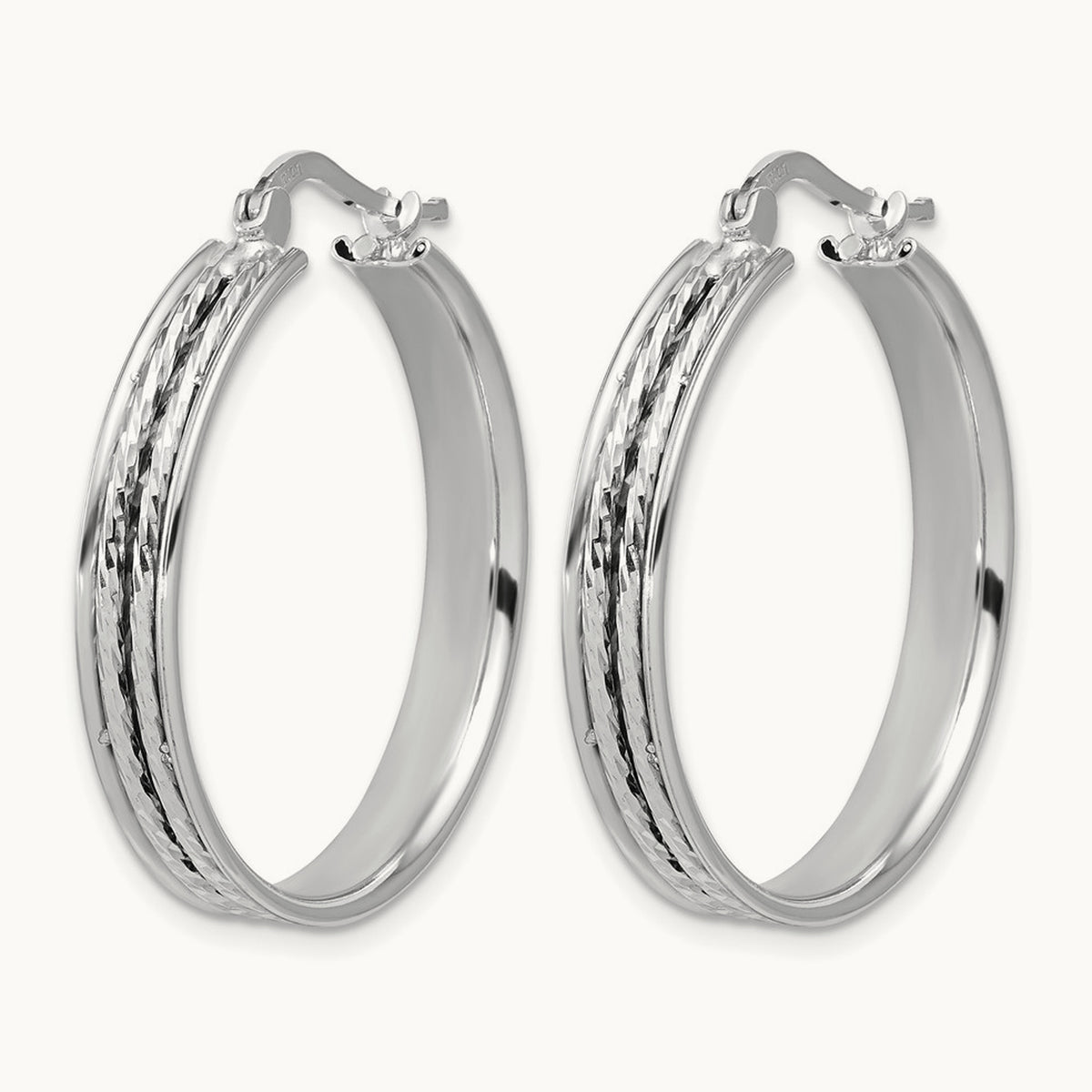 Rhodium-plated Polished and Diamond-cut Round Hoop Earrings — 31x5mm