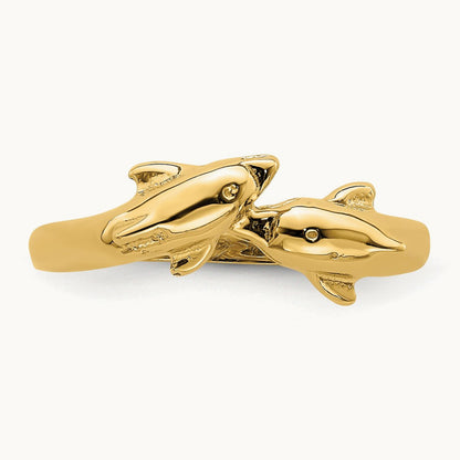 Dolphin Kissing Dolphin Ring, 14K