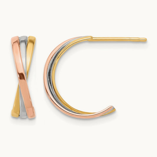 Twisted Tri-color Hoop Post Earrings, 14K