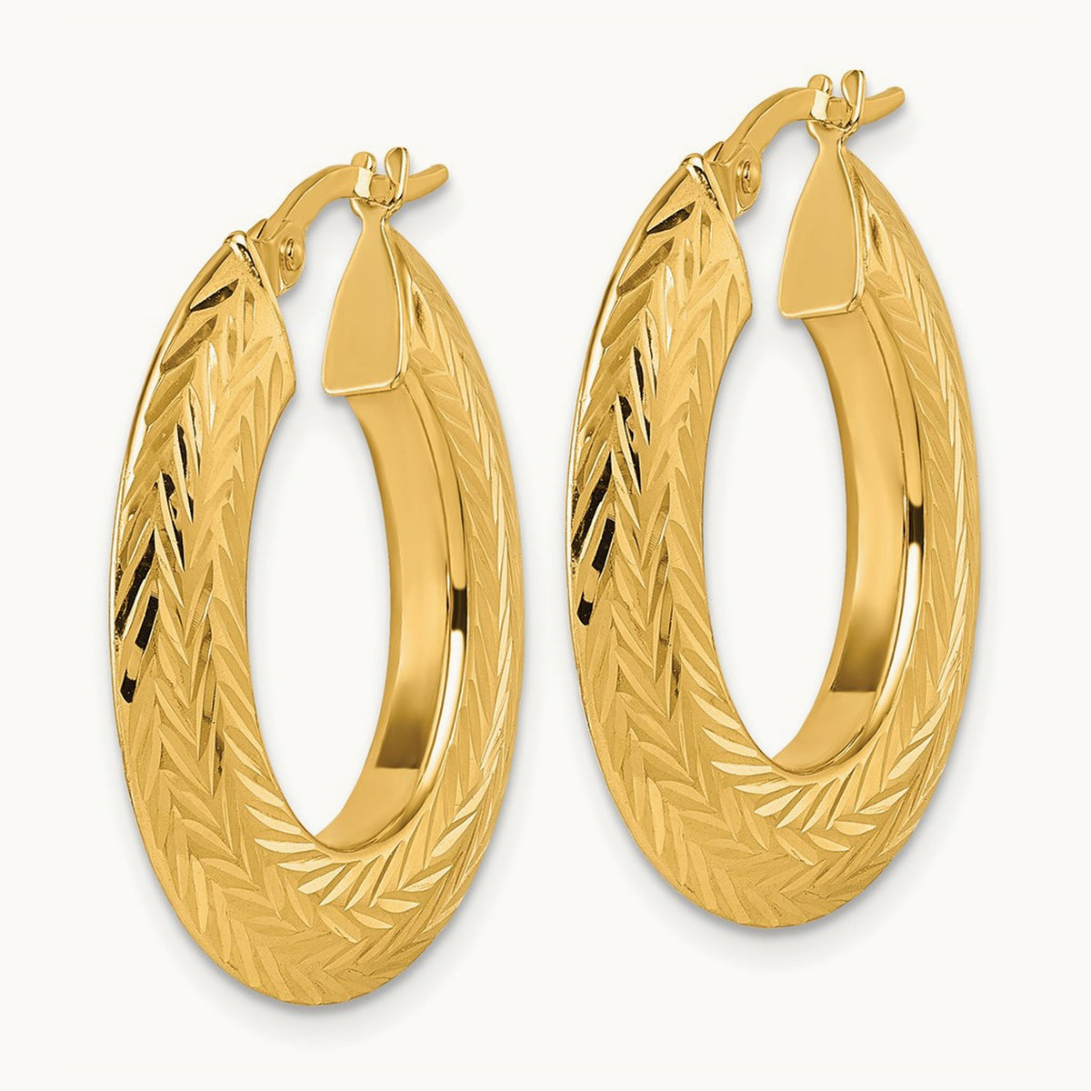 Polished and Diamond-cut Oval Hoop Earrings, 14K