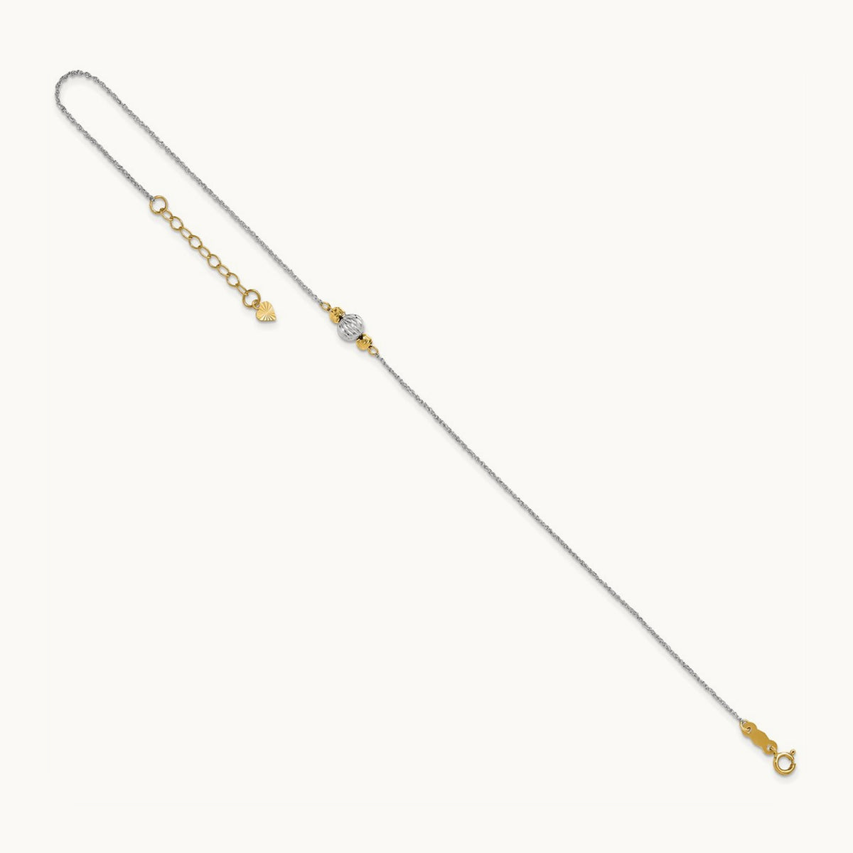 Ropa Two-tone Diamond Cut Bead 9in Plus 1in Ext. Anklet, 14K White Gold