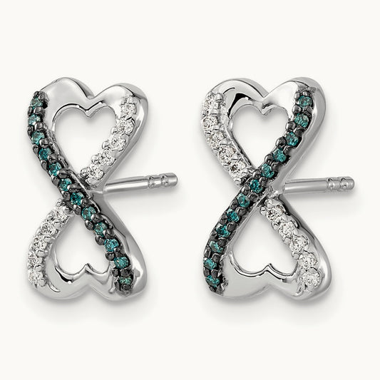 Blue and White Diamond Infinity Heart Post Earrings, 14K White Gold