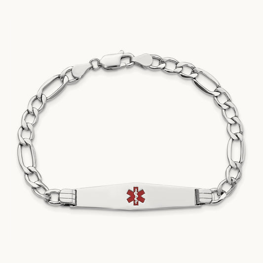 WG Semi-Solid Medical Soft Diamond Shape Red Enamel Figaro ID Bracelet, 14K