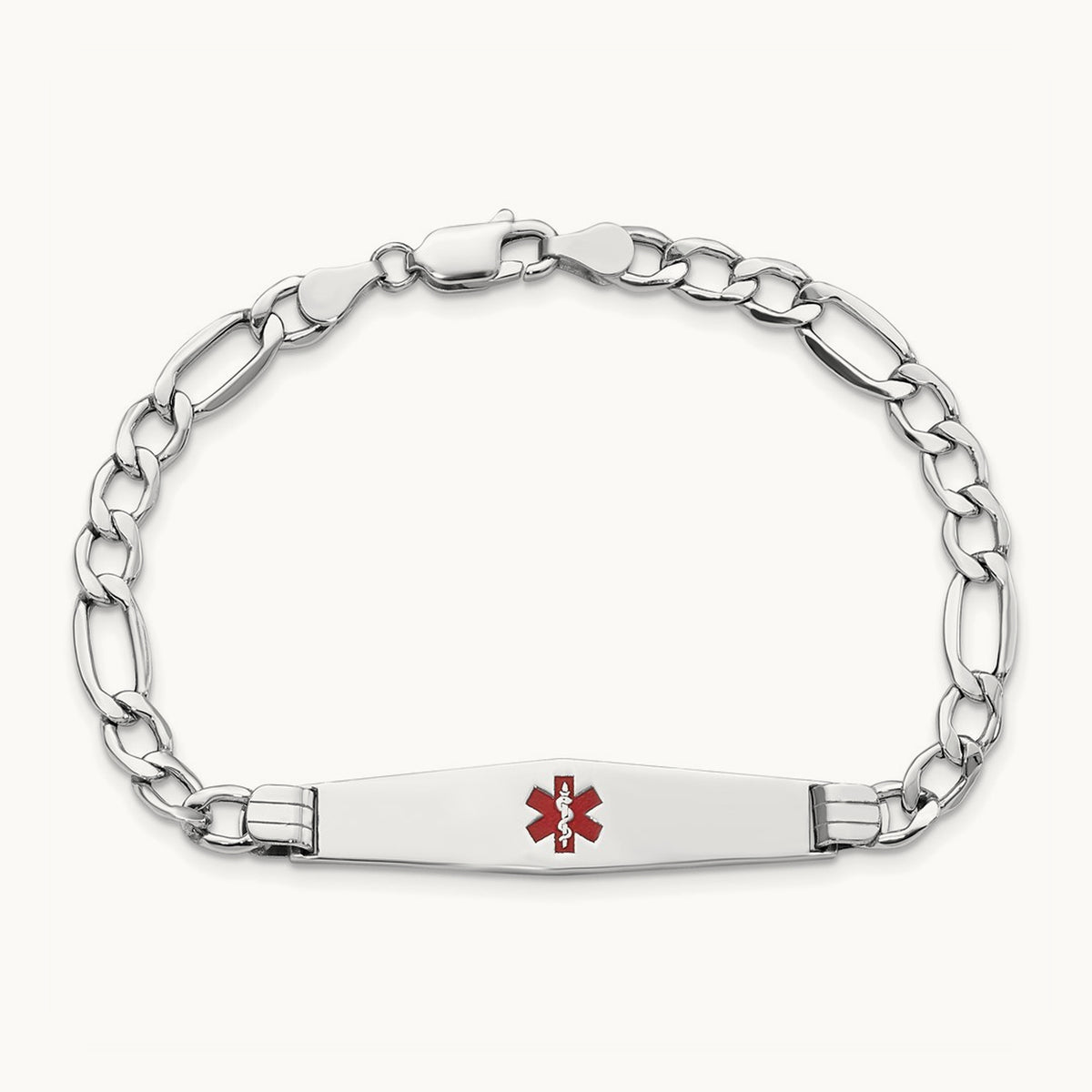 WG Semi-Solid Medical Soft Diamond Shape Red Enamel Figaro ID Bracelet, 14K