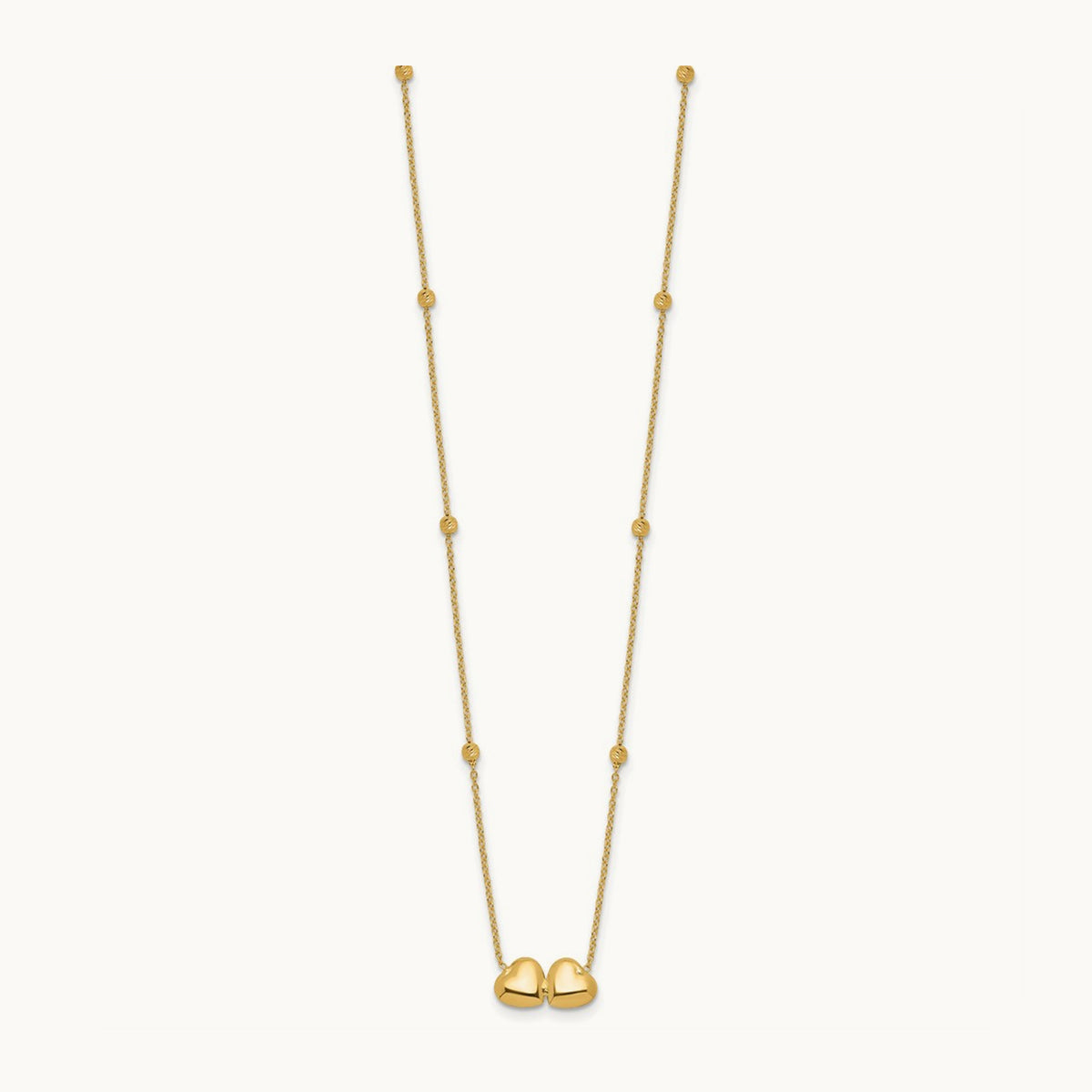 D/C Beaded Double Heart 16in w/2in ext. Necklace, 14K