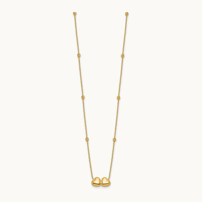 D/C Beaded Double Heart 16in w/2in ext. Necklace, 14K
